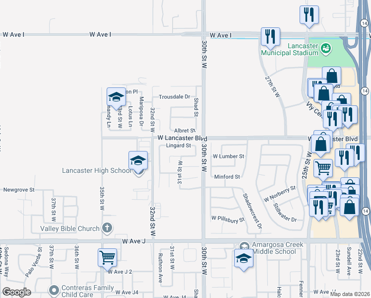 map of restaurants, bars, coffee shops, grocery stores, and more near 3040 West Lingard Street in Lancaster