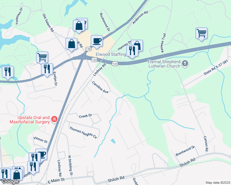 map of restaurants, bars, coffee shops, grocery stores, and more near 203 Meadowbrook Drive in Seneca