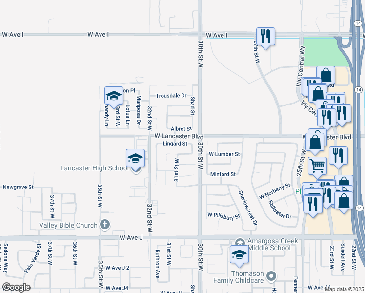 map of restaurants, bars, coffee shops, grocery stores, and more near 3040 West Lingard Street in Lancaster