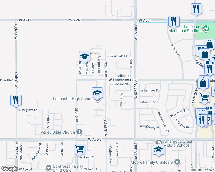 map of restaurants, bars, coffee shops, grocery stores, and more near 3151 Lingard Street in Lancaster