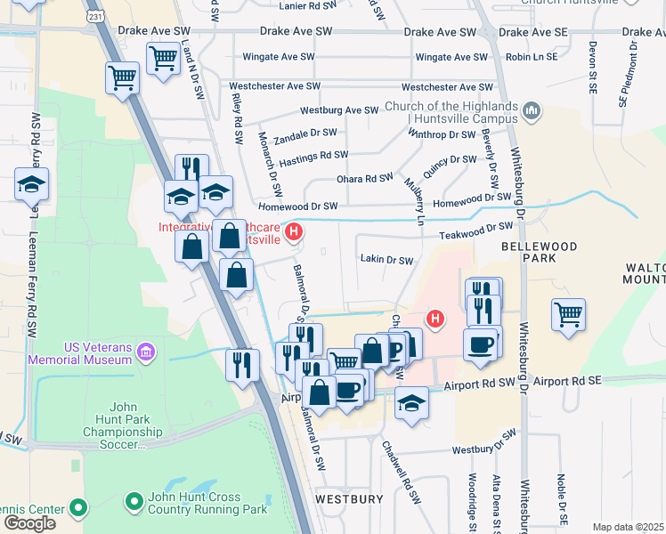 map of restaurants, bars, coffee shops, grocery stores, and more near 602 Chateau Drive Southwest in Huntsville