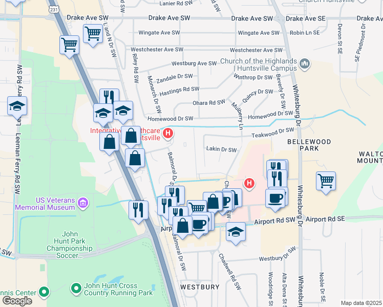 map of restaurants, bars, coffee shops, grocery stores, and more near 515 Chateau Drive Southwest in Huntsville
