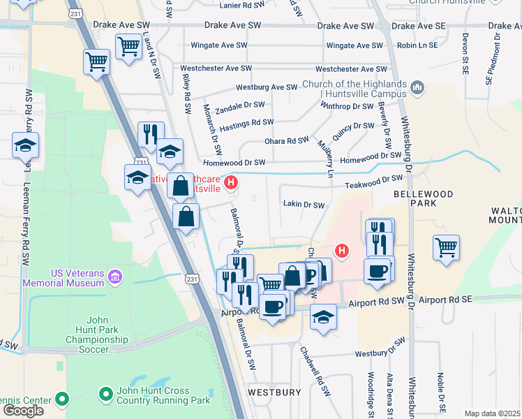 map of restaurants, bars, coffee shops, grocery stores, and more near 602 Chateau Drive Southwest in Huntsville