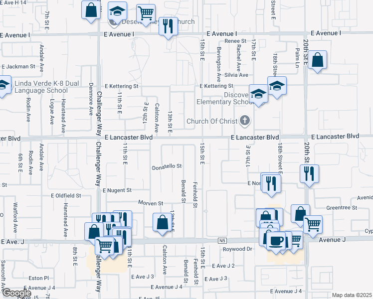 map of restaurants, bars, coffee shops, grocery stores, and more near 44736 Benald Street in Lancaster