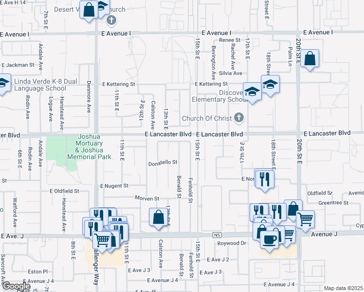 map of restaurants, bars, coffee shops, grocery stores, and more near 44736 Benald Street in Lancaster