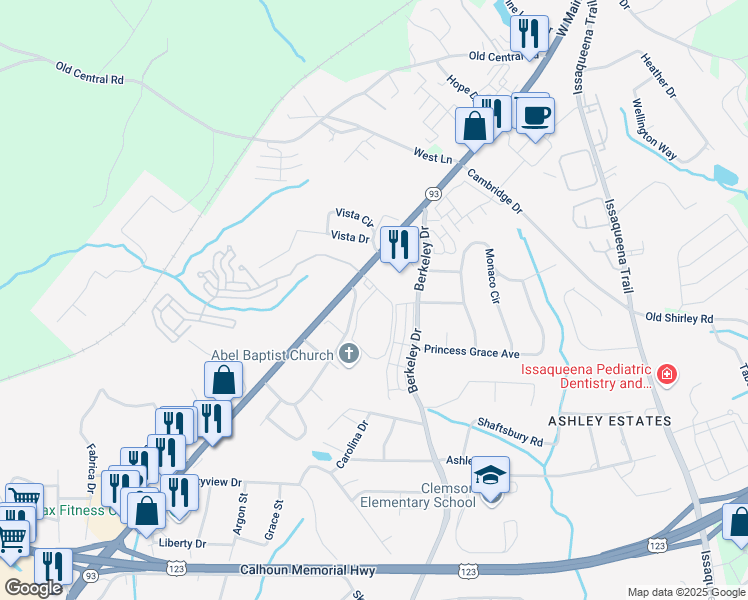 map of restaurants, bars, coffee shops, grocery stores, and more near 208 Berkeley Place Circle in Clemson