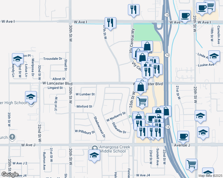 map of restaurants, bars, coffee shops, grocery stores, and more near 2624 West Lingard Street in Lancaster