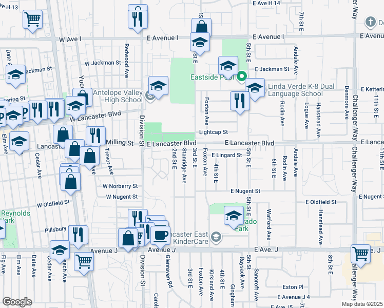 map of restaurants, bars, coffee shops, grocery stores, and more near 44739 3rd Street East in Lancaster