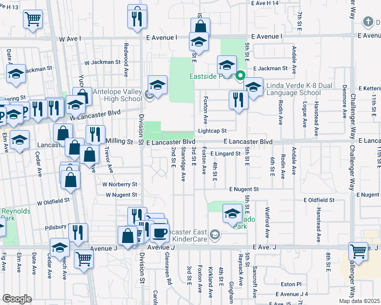 map of restaurants, bars, coffee shops, grocery stores, and more near 44739 East 3rd Street in Lancaster