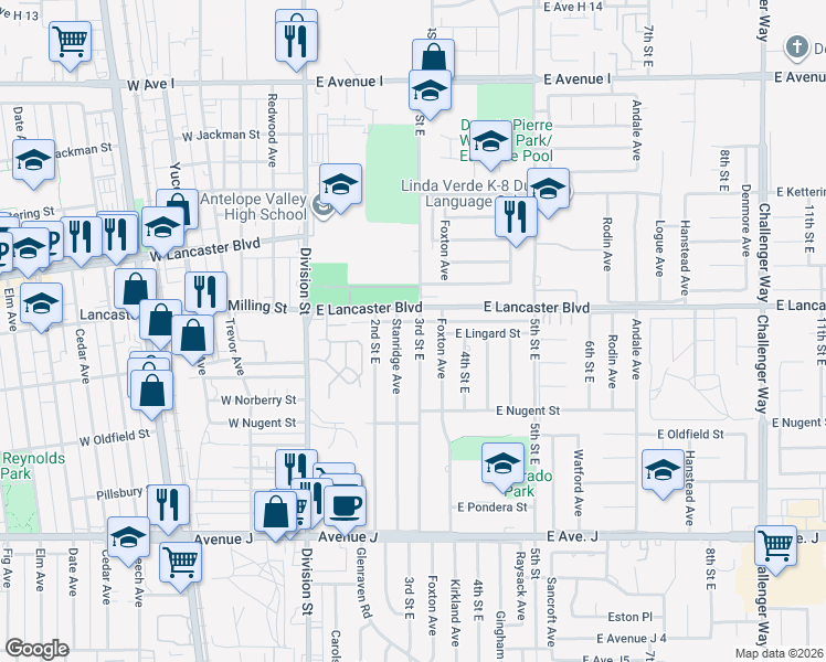 map of restaurants, bars, coffee shops, grocery stores, and more near 44739 3rd Street East in Lancaster