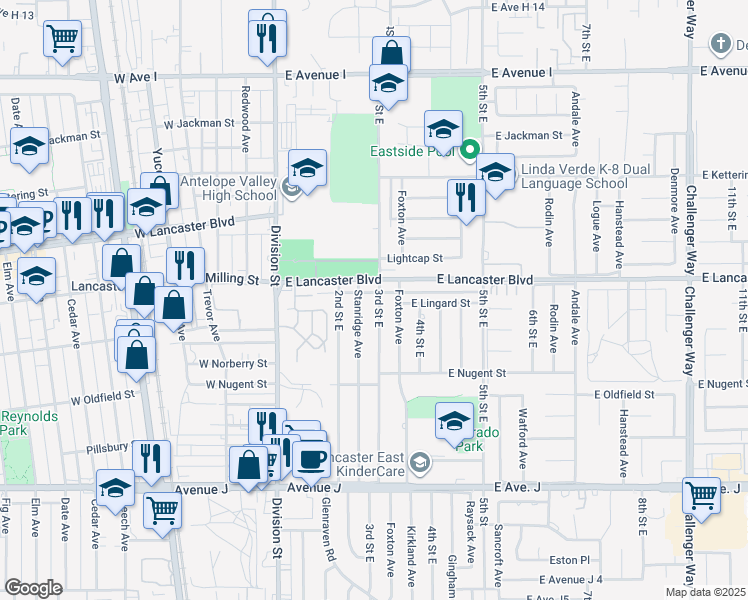map of restaurants, bars, coffee shops, grocery stores, and more near 44739 3rd Street East in Lancaster