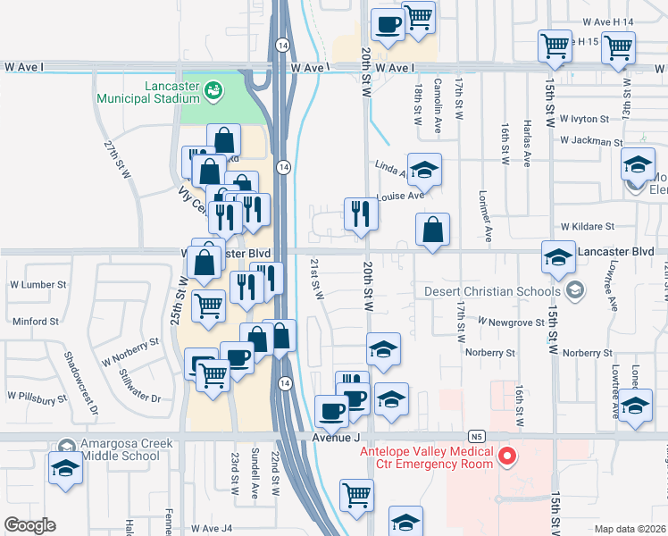 map of restaurants, bars, coffee shops, grocery stores, and more near 2047 West Lingard Street in Lancaster