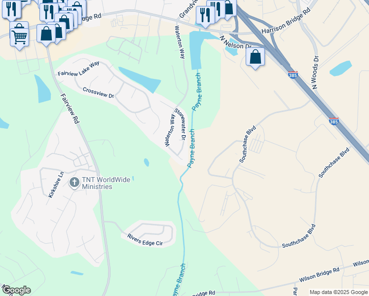 map of restaurants, bars, coffee shops, grocery stores, and more near 105 Stonewater Drive in Simpsonville