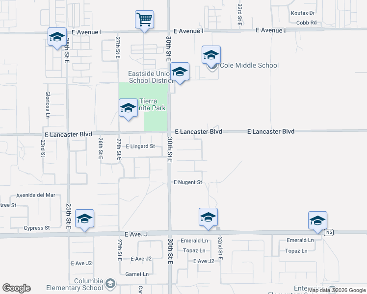map of restaurants, bars, coffee shops, grocery stores, and more near 3033 Via De Flores in Lancaster