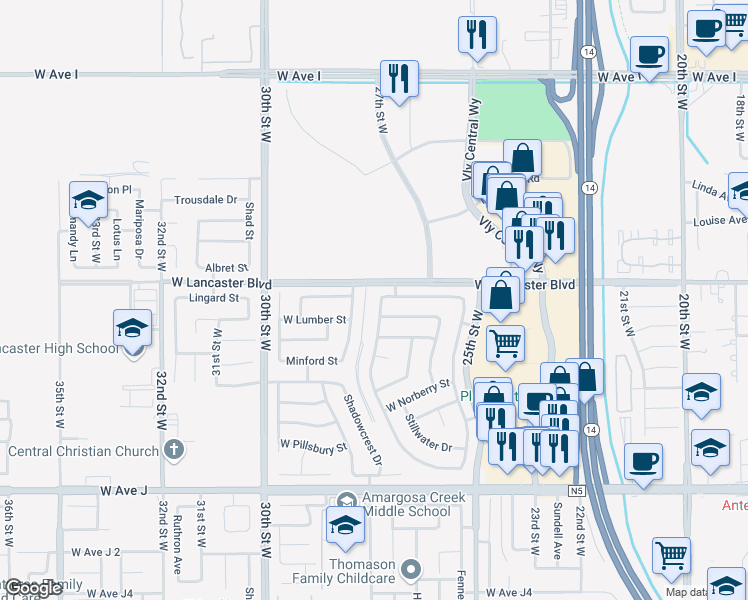 map of restaurants, bars, coffee shops, grocery stores, and more near 44745 Overland Avenue in Lancaster