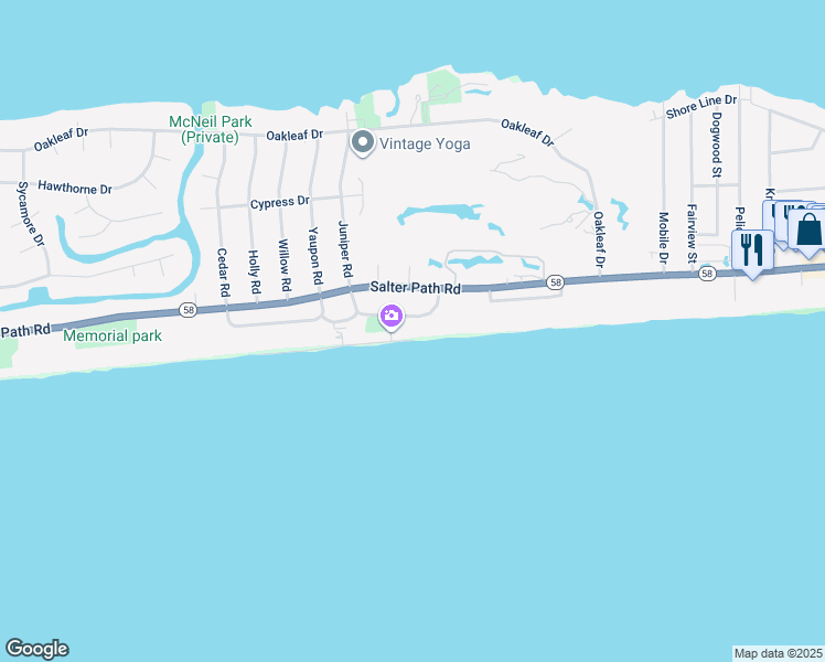 map of restaurants, bars, coffee shops, grocery stores, and more near 106 Knollwood Drive in Pine Knoll Shores