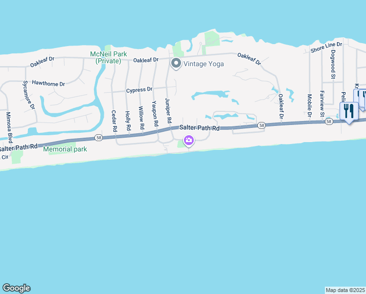 map of restaurants, bars, coffee shops, grocery stores, and more near 117 Knollwood Drive in Pine Knoll Shores