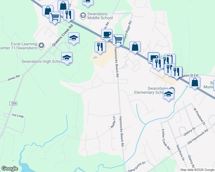 map of restaurants, bars, coffee shops, grocery stores, and more near 108 Park Place Drive in Swansboro