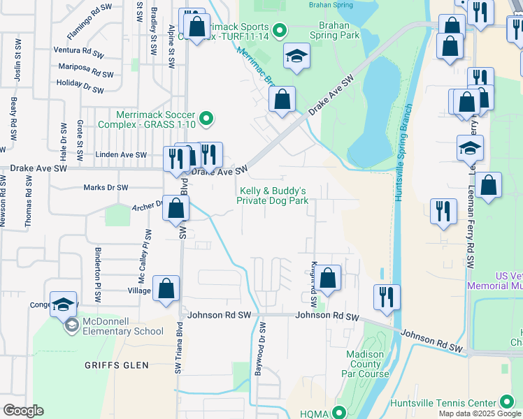map of restaurants, bars, coffee shops, grocery stores, and more near 3007 Hood Road Southwest in Huntsville