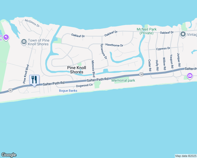 map of restaurants, bars, coffee shops, grocery stores, and more near 224 N Carolina 58 in Pine Knoll Shores
