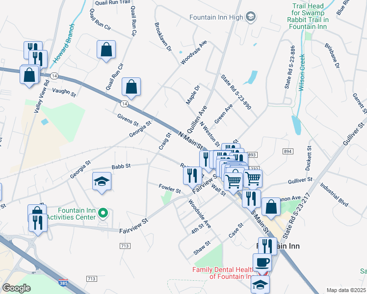 map of restaurants, bars, coffee shops, grocery stores, and more near 315 North Main Street in Fountain Inn