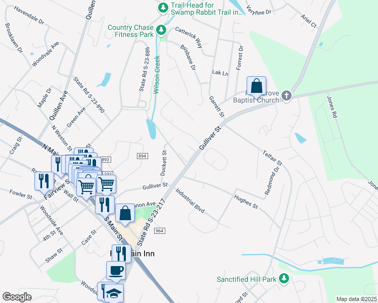 map of restaurants, bars, coffee shops, grocery stores, and more near 501 Gulliver Street in Fountain Inn