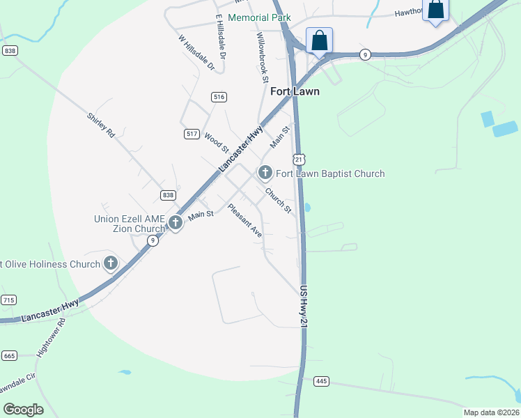 map of restaurants, bars, coffee shops, grocery stores, and more near 5813 Oak Street in Fort Lawn