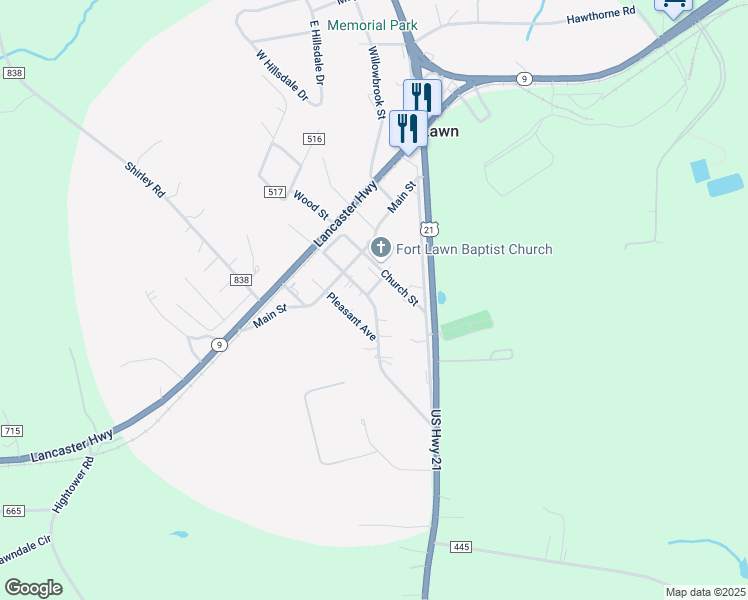 map of restaurants, bars, coffee shops, grocery stores, and more near 5733 Church Street in Fort Lawn