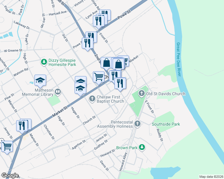 map of restaurants, bars, coffee shops, grocery stores, and more near 116 2nd Street in Cheraw