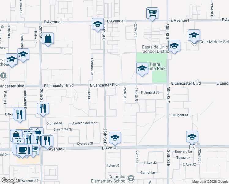 map of restaurants, bars, coffee shops, grocery stores, and more near 44731 Cerisa Street in Lancaster