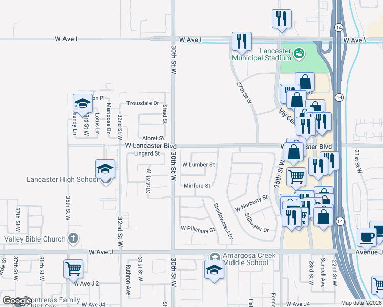 map of restaurants, bars, coffee shops, grocery stores, and more near 3040 West Lingard Street in Lancaster