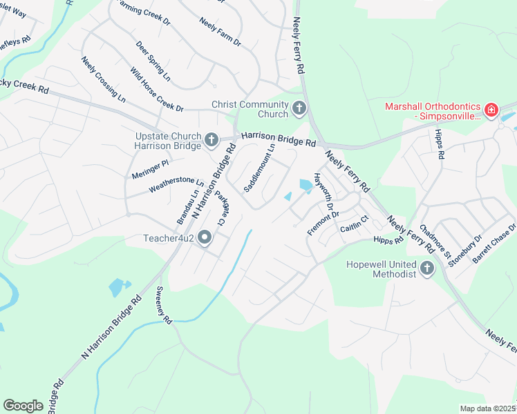 map of restaurants, bars, coffee shops, grocery stores, and more near 309 Windy Meadow Way in Simpsonville