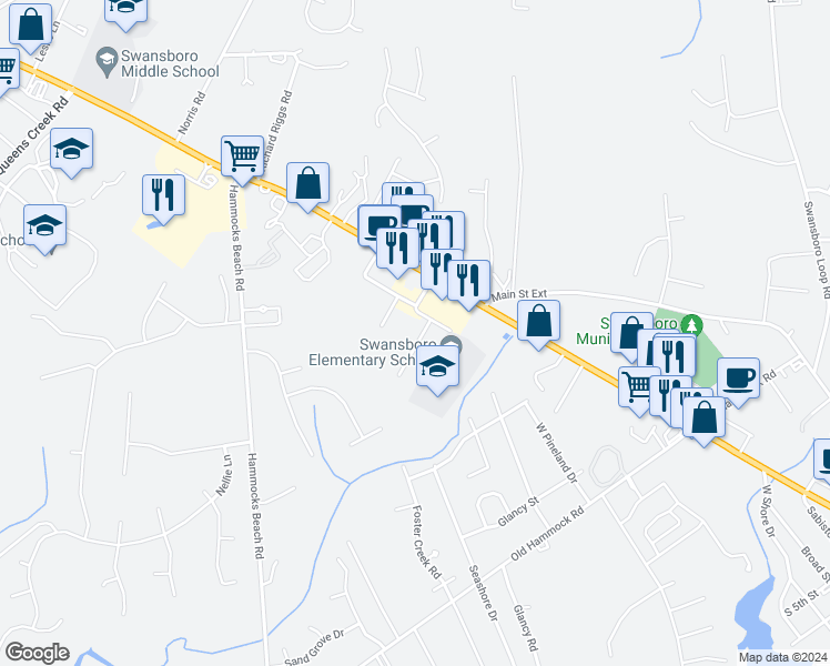map of restaurants, bars, coffee shops, grocery stores, and more near 4 Port West in Swansboro