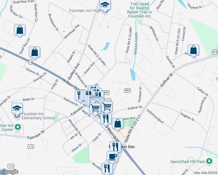 map of restaurants, bars, coffee shops, grocery stores, and more near 108 Inn Circle in Fountain Inn