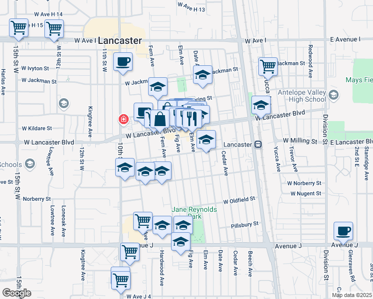 map of restaurants, bars, coffee shops, grocery stores, and more near 44826 Fig Avenue in Lancaster