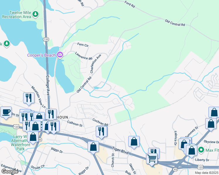 map of restaurants, bars, coffee shops, grocery stores, and more near 809 Creekside Drive in Clemson