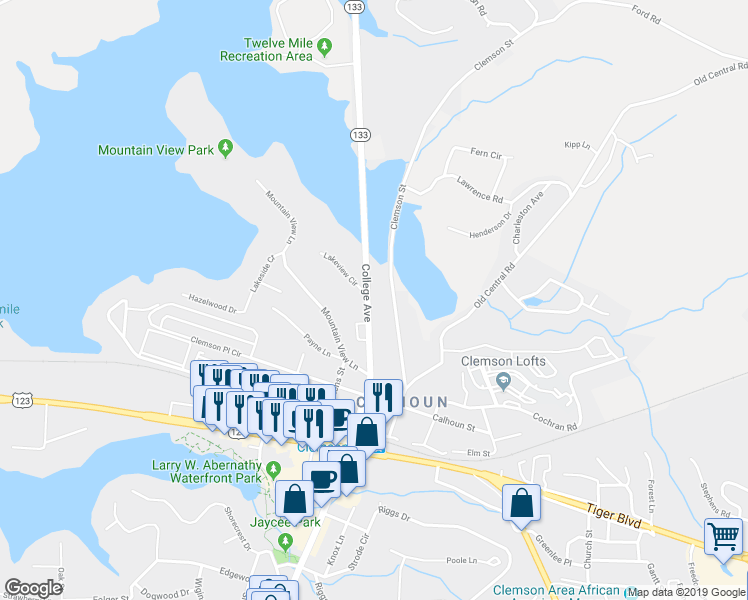 map of restaurants, bars, coffee shops, grocery stores, and more near 100 Lakeview Circle in Clemson