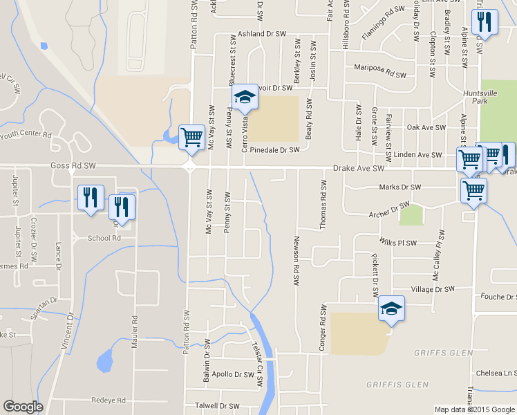 map of restaurants, bars, coffee shops, grocery stores, and more near 3903 Troy Swasey Boulevard Southwest in Huntsville