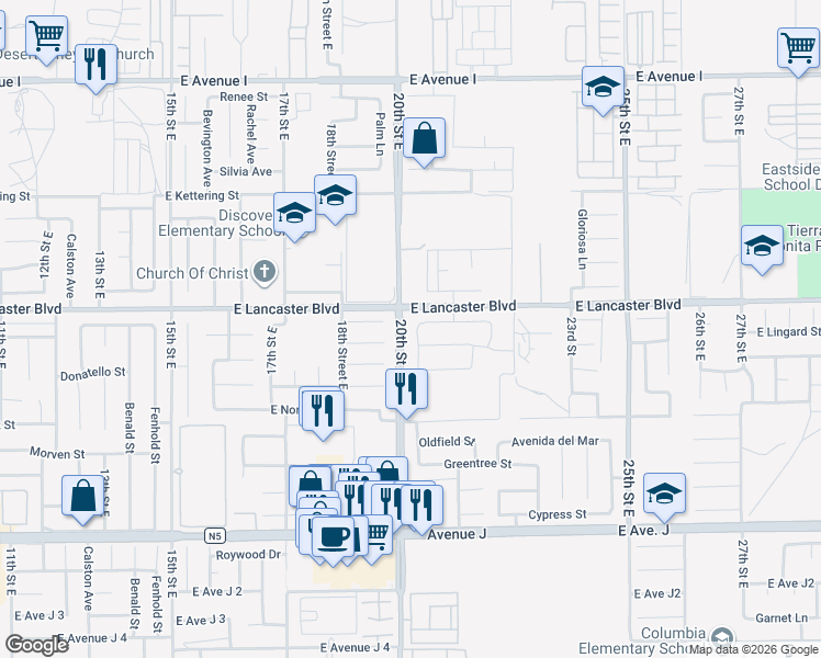 map of restaurants, bars, coffee shops, grocery stores, and more near 44739 Aspen Street in Lancaster