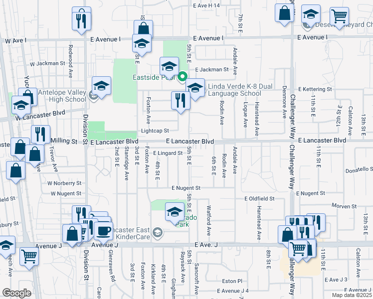 map of restaurants, bars, coffee shops, grocery stores, and more near 44737 5th Street East in Lancaster