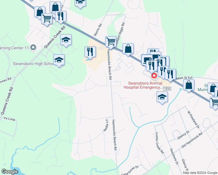 map of restaurants, bars, coffee shops, grocery stores, and more near 101 Park Place Drive in Swansboro