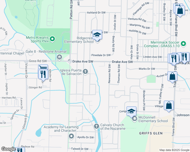 map of restaurants, bars, coffee shops, grocery stores, and more near 3903 Troy Swasey Boulevard Southwest in Huntsville