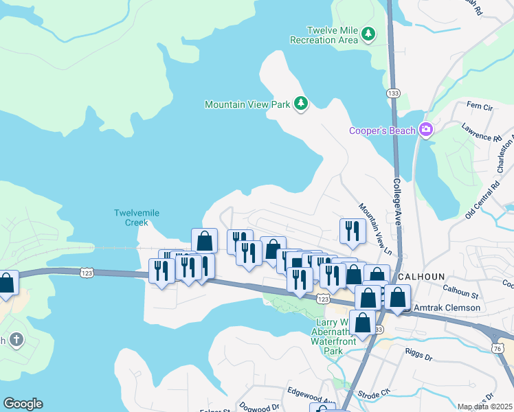 map of restaurants, bars, coffee shops, grocery stores, and more near 123 Aileen Lane in Clemson