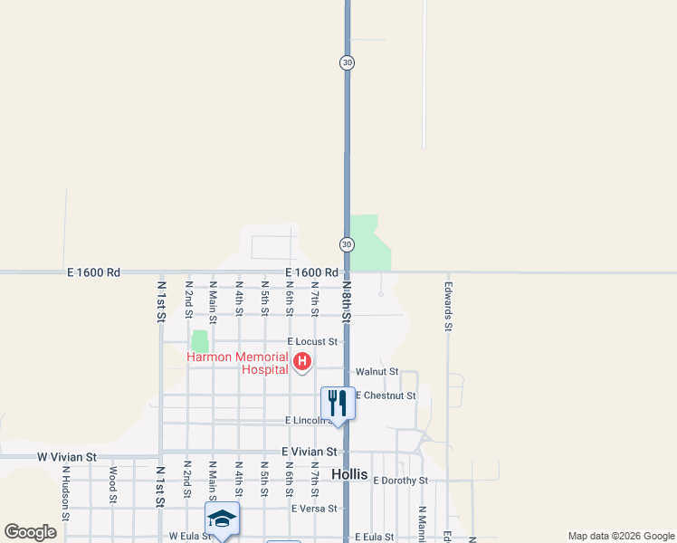 map of restaurants, bars, coffee shops, grocery stores, and more near East 1600 Road in Hollis