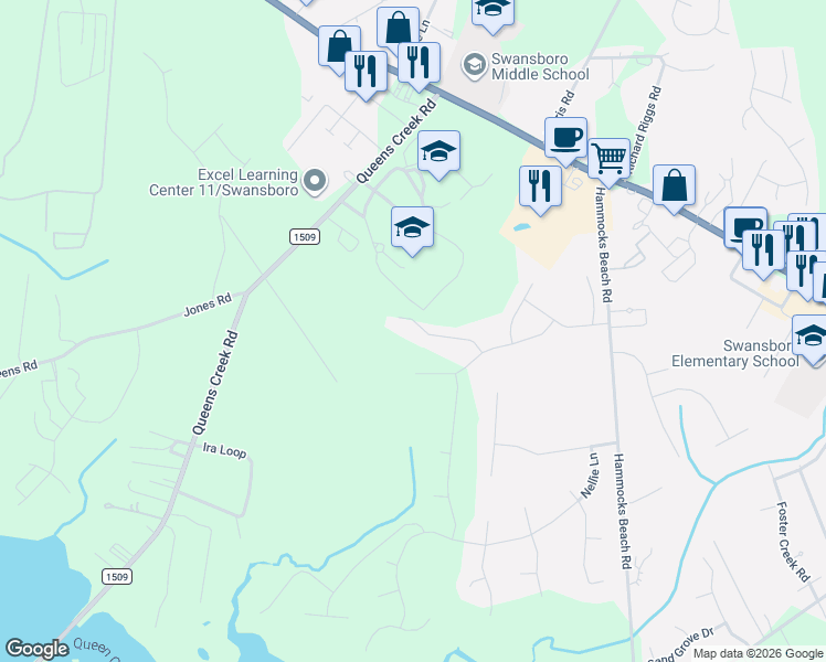 map of restaurants, bars, coffee shops, grocery stores, and more near 101-139 Stanley Road in Swansboro