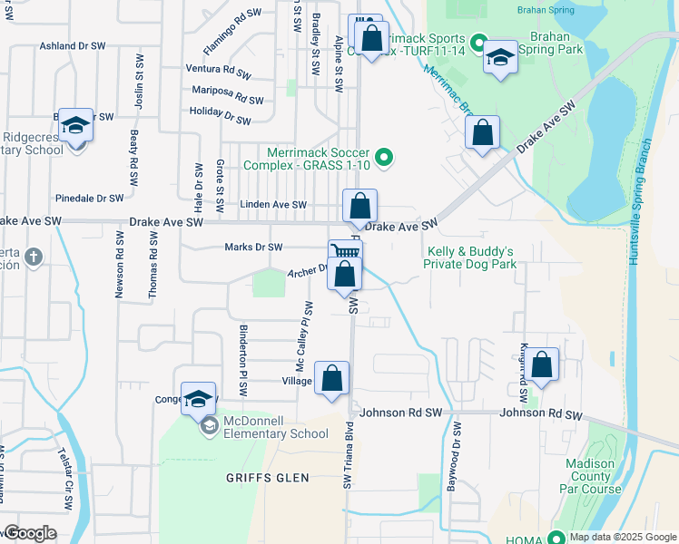 map of restaurants, bars, coffee shops, grocery stores, and more near 3816 Triana Boulevard Southwest in Huntsville