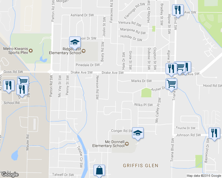 map of restaurants, bars, coffee shops, grocery stores, and more near 3905 Thomas Road Southwest in Huntsville