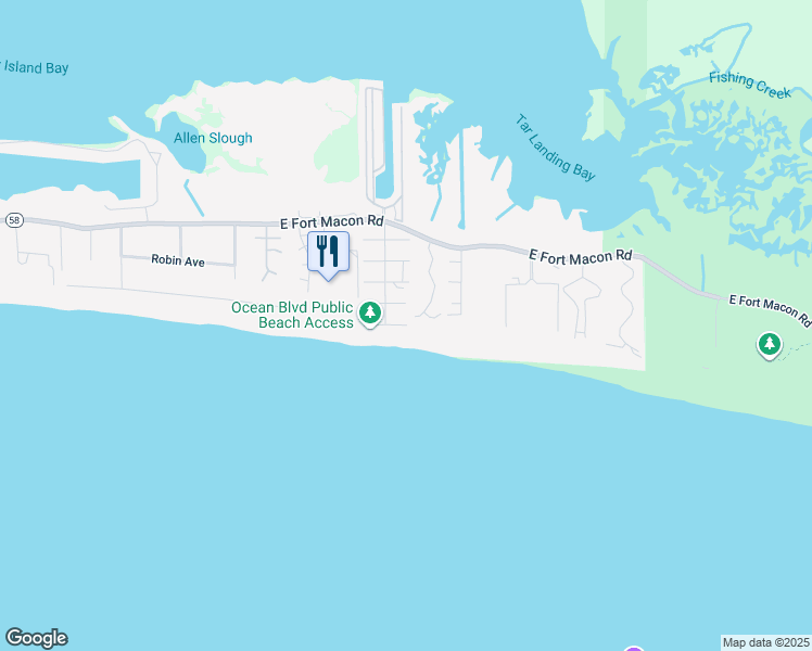 map of restaurants, bars, coffee shops, grocery stores, and more near 302 Ocean Boulevard in Atlantic Beach