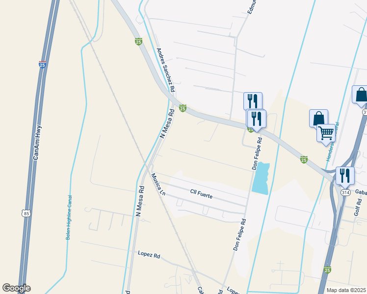 map of restaurants, bars, coffee shops, grocery stores, and more near 46 Sunset in Belen