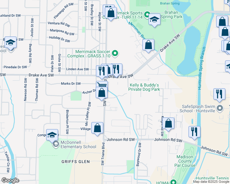 map of restaurants, bars, coffee shops, grocery stores, and more near 3902 Cobb Road in Huntsville
